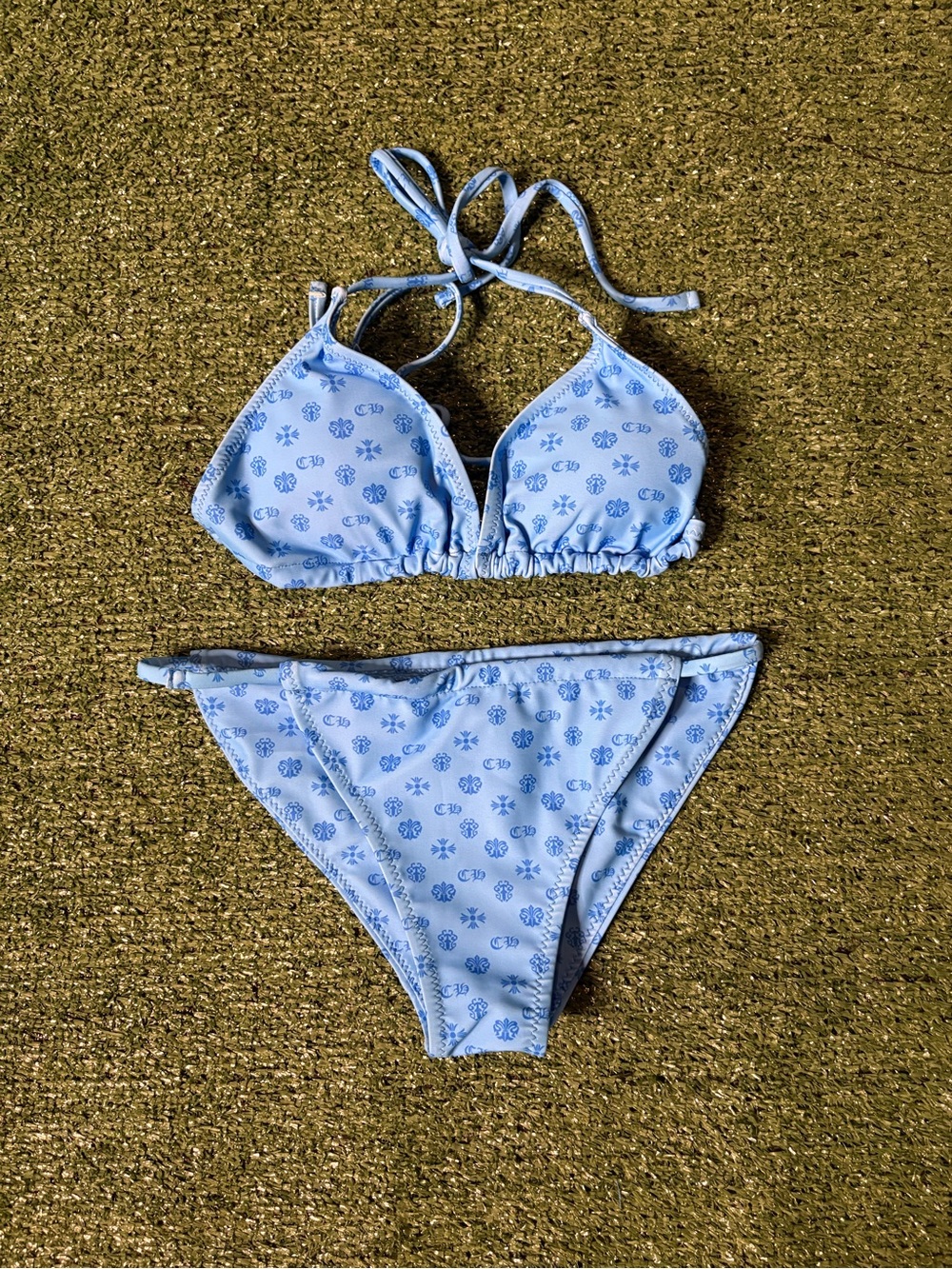 Light Blue Floral Triangle Chrome Heart Bikini Set Womens Medium & Small